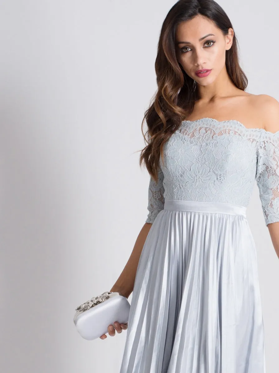 Tall Lace Bodice Bardot Pleat Midi Dress in Blue sold by Chi Chi London