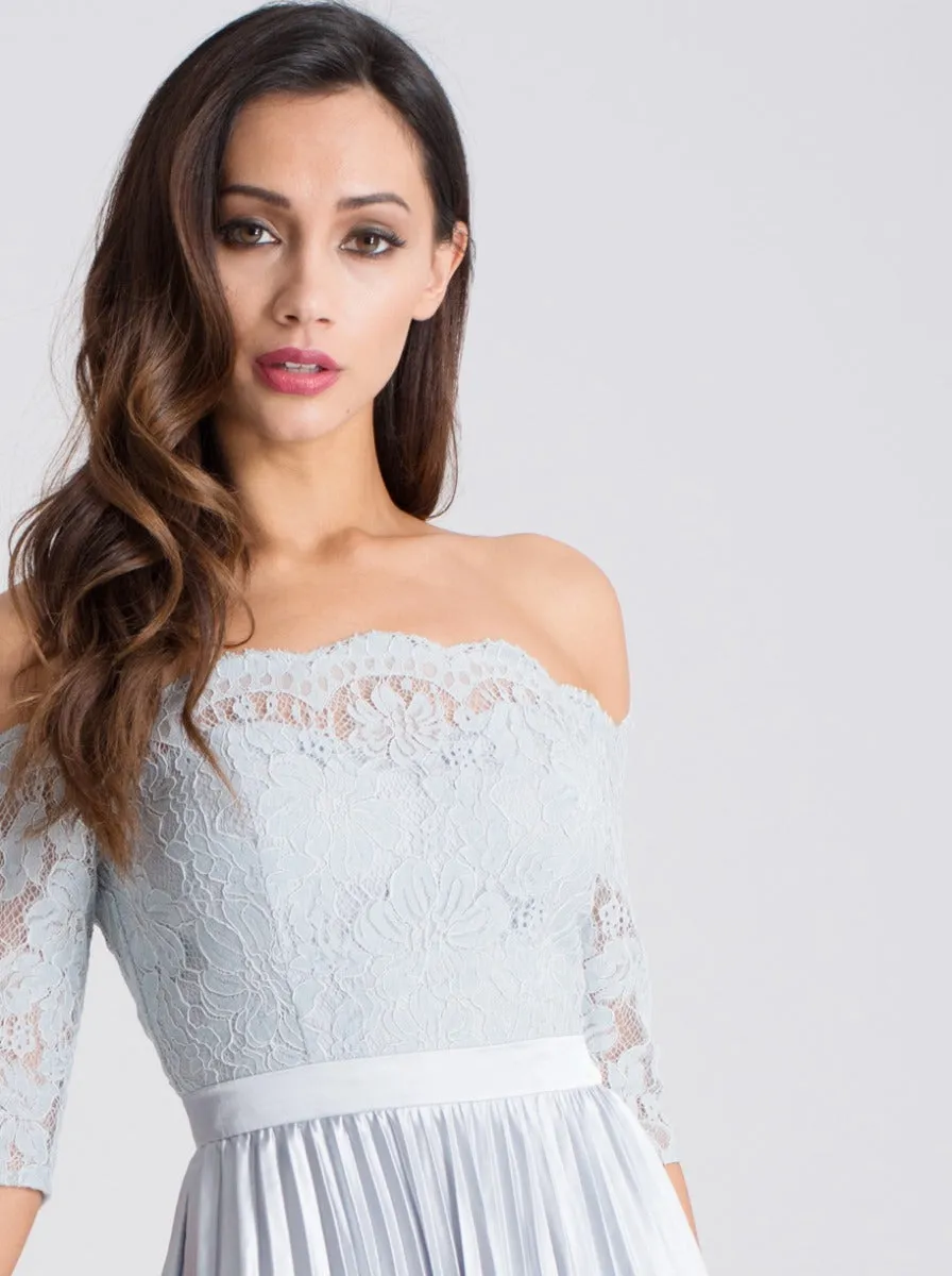 Tall Lace Bodice Bardot Pleat Midi Dress in Blue sold by Chi Chi London product image thumbnail 3
