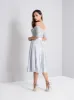 Tall Lace Bodice Bardot Pleat Midi Dress in Blue sold by Chi Chi London