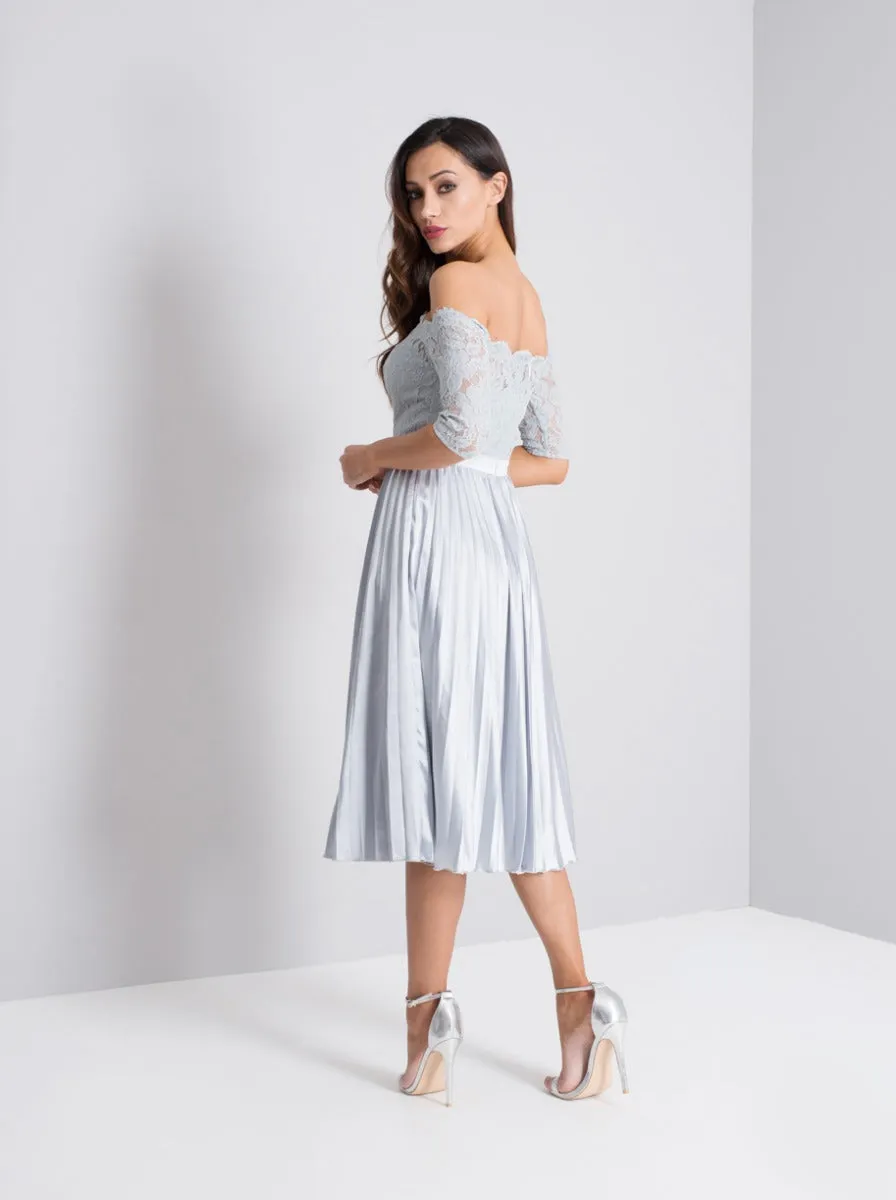 Tall Lace Bodice Bardot Pleat Midi Dress in Blue sold by Chi Chi London product image thumbnail 4