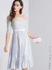 Tall Lace Bodice Bardot Pleat Midi Dress in Blue sold by Chi Chi London