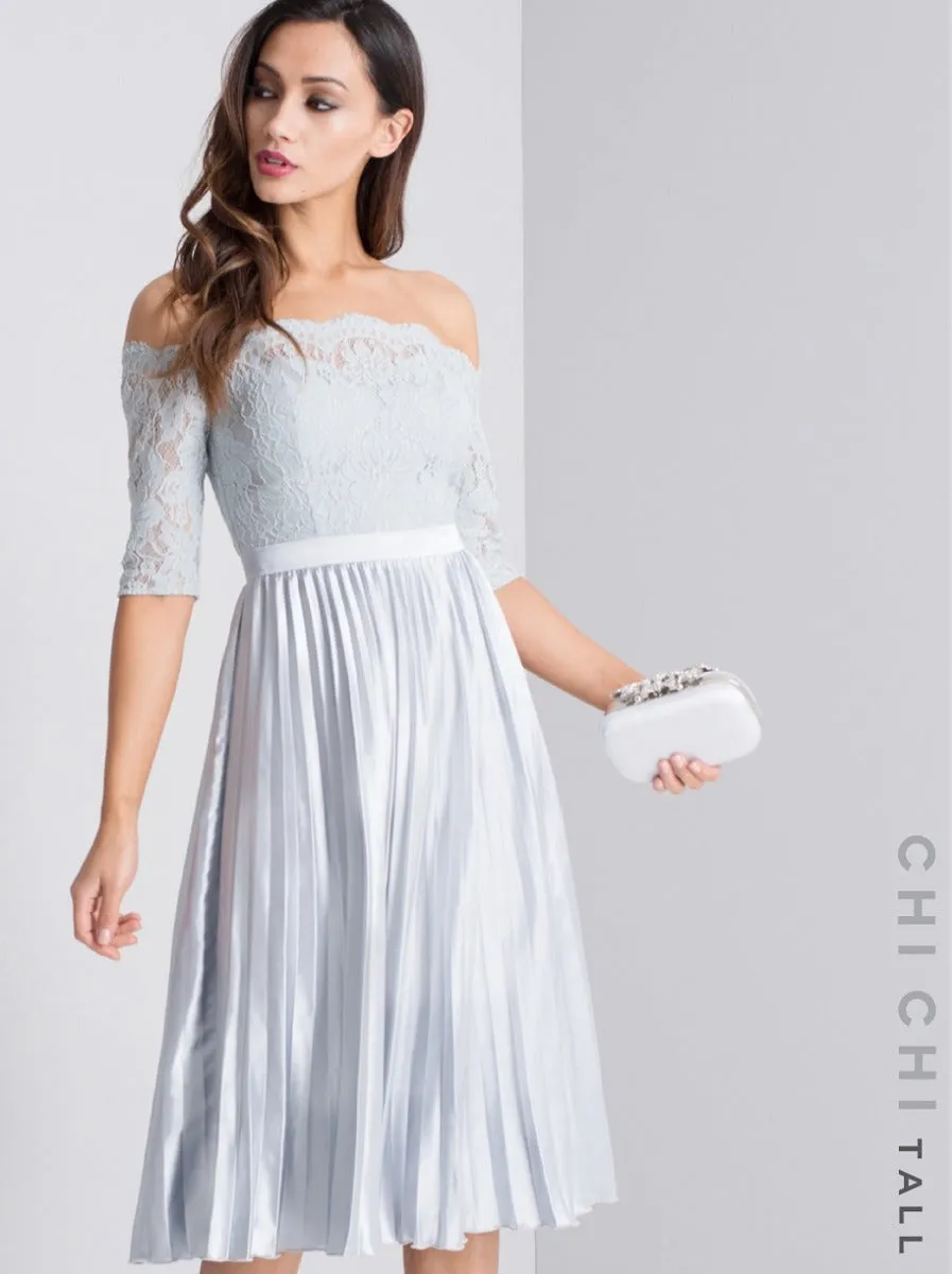 Tall Lace Bodice Bardot Pleat Midi Dress in Blue sold by Chi Chi London product image thumbnail 2
