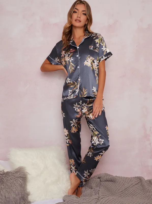Floral Satin Short Sleeve Pyjama Set in Green sold by Chi Chi London
