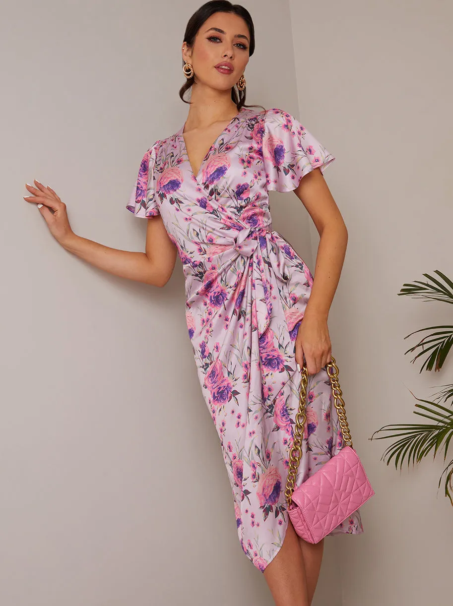 Short Sleeve V Neck Floral Midi Dress in Purple sold by Chi Chi London product image thumbnail 2