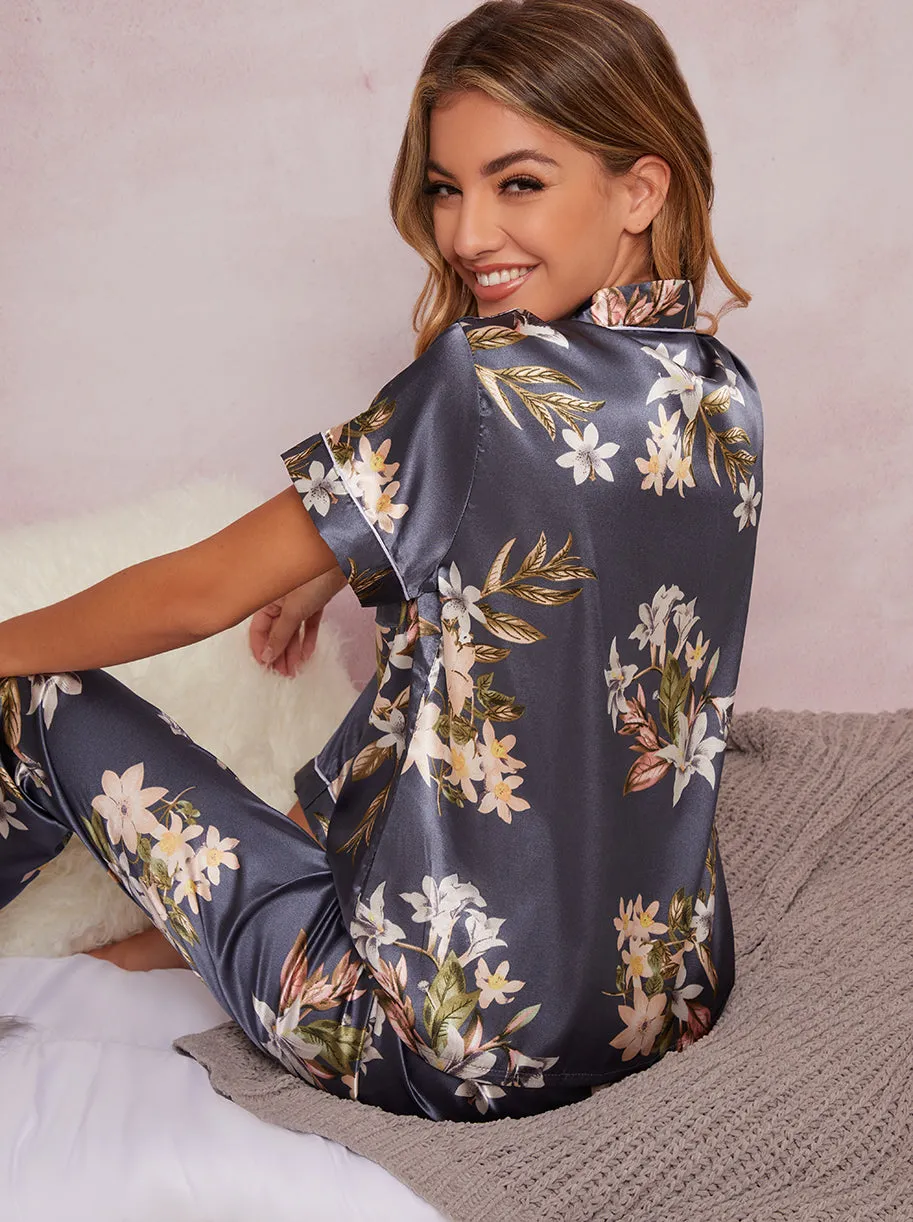 Floral Satin Short Sleeve Pyjama Set in Green sold by Chi Chi London product image thumbnail 4