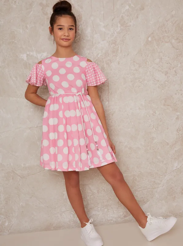Girls Angel Sleeve Spot Print Dress in Pink sold by Chi Chi London