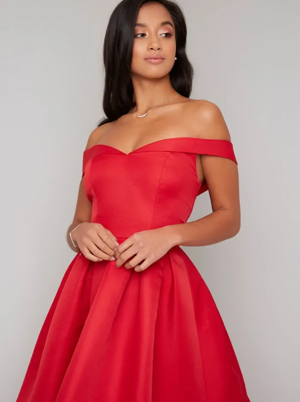 Petite Fold-Over Bardot Mini Dress in Red sold by Chi Chi London