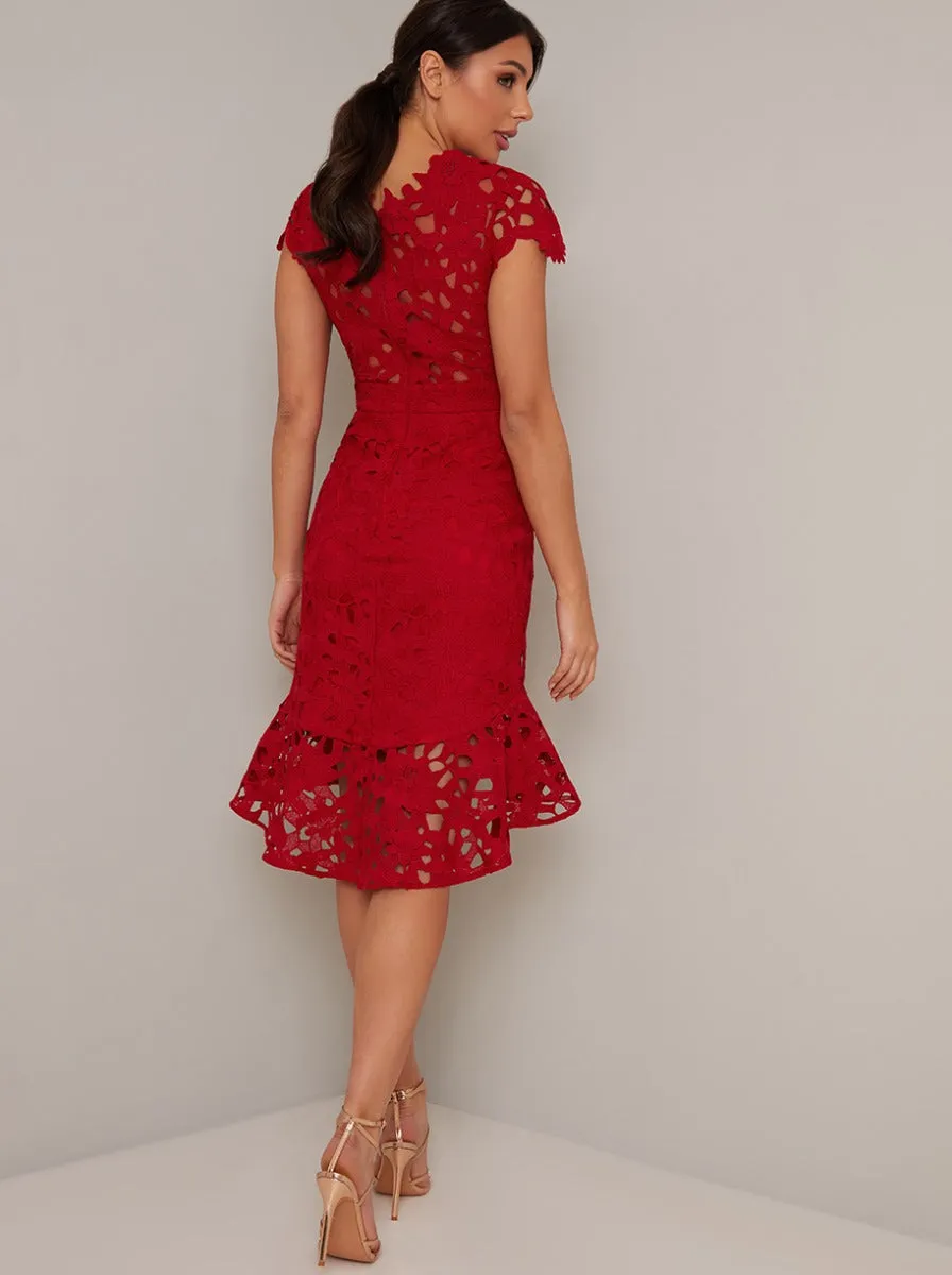 Lace Cap Sleeved Ruffle Midi Dress in Red sold by Chi Chi London product image thumbnail 3