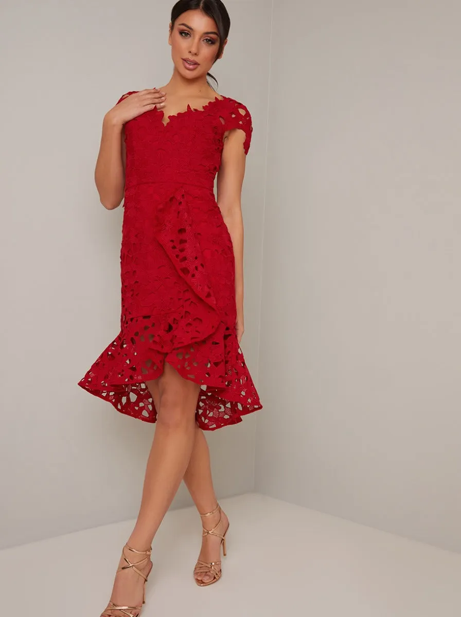 Lace Cap Sleeved Ruffle Midi Dress in Red sold by Chi Chi London