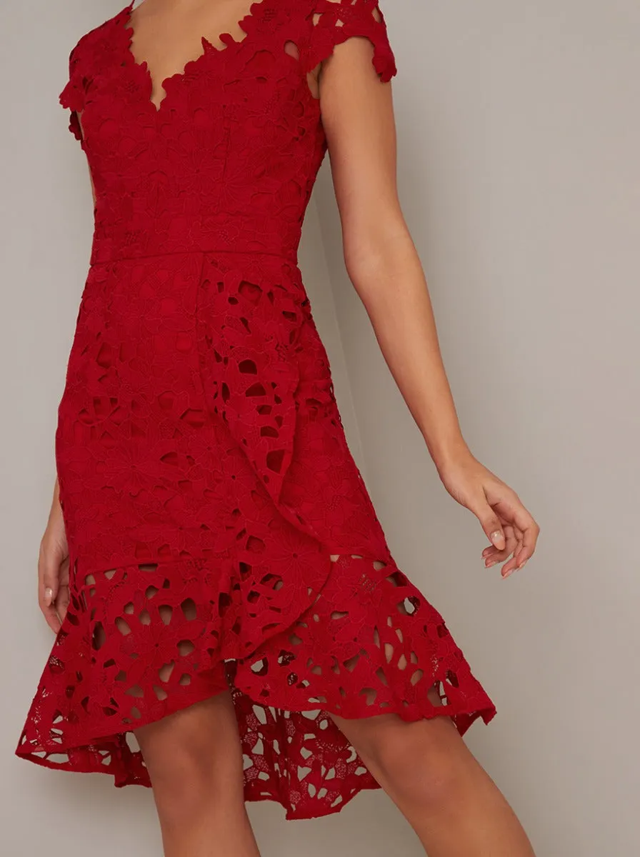 Lace Cap Sleeved Ruffle Midi Dress in Red sold by Chi Chi London product image thumbnail 2