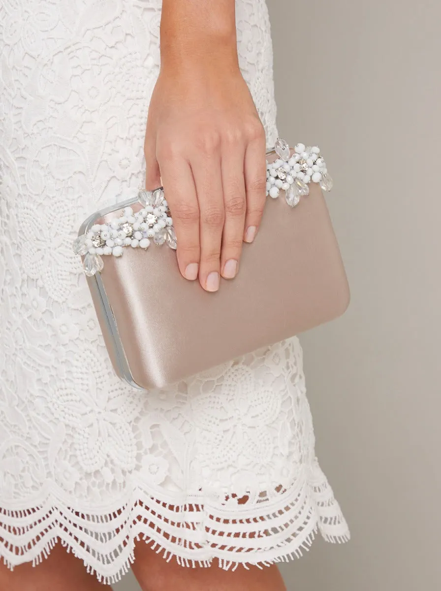Satin Finish Embellished Clutch Bag in Neutral sold by Chi Chi London
