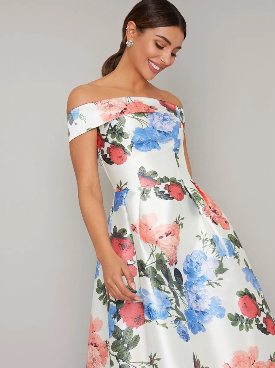 Floral Print Bardot Dip Hem Midi Dress In Multi sold by Chi Chi London product image thumbnail 3