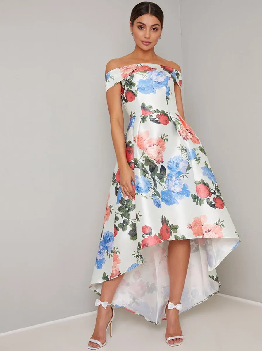Floral Print Bardot Dip Hem Midi Dress In Multi sold by Chi Chi London