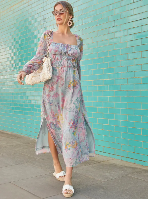 Long Sleeve Square Neck Floral Maxi Dress in Green sold by Chi Chi London