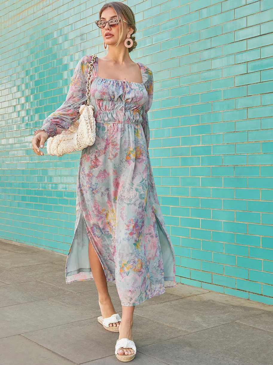 Long Sleeve Square Neck Floral Maxi Dress in Green sold by Chi Chi London