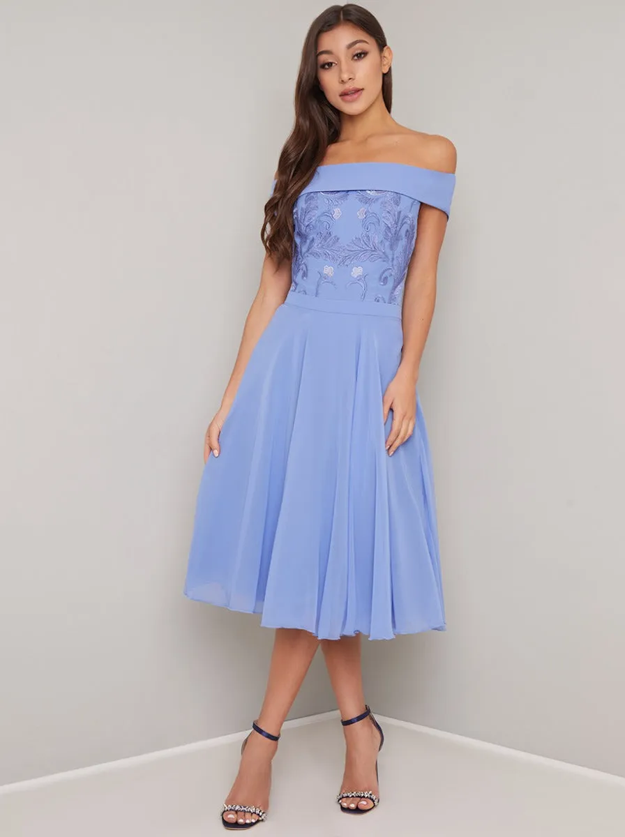 Emboridered Chiffon Skirt Midi Dress in Blue sold by Chi Chi London product image thumbnail 4
