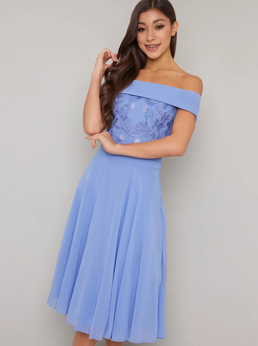 Emboridered Chiffon Skirt Midi Dress in Blue sold by Chi Chi London