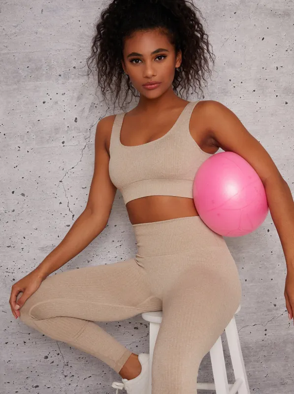 Ribbed Sports Bra in Beige sold by Chi Chi London