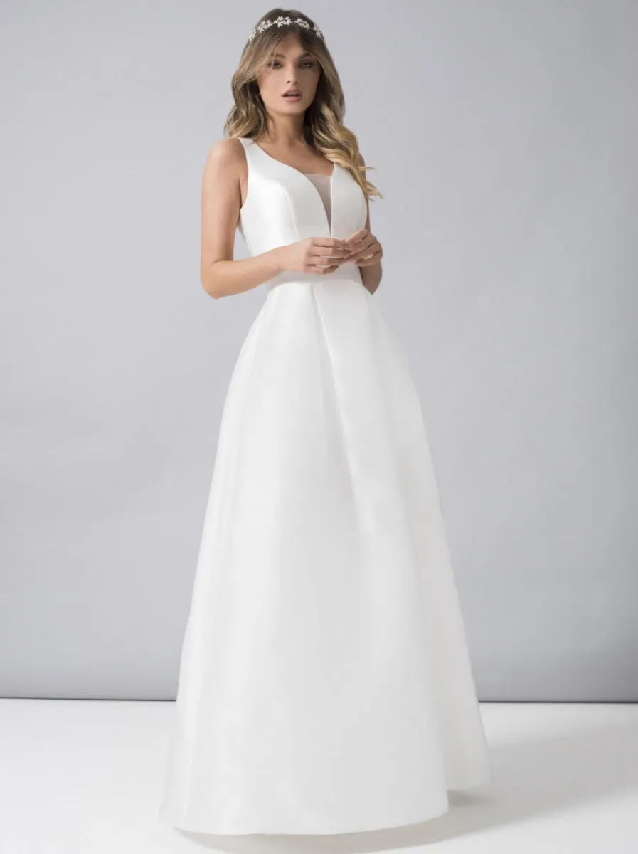 Plunge Front Open Back Curve Bridal Dress in White sold by Chi Chi London