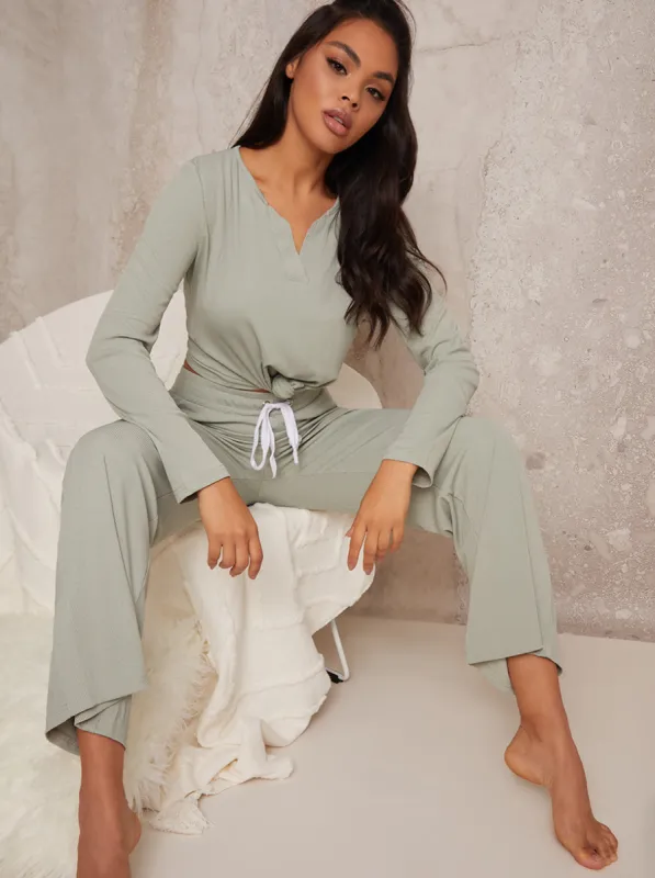 Tie Waisted Wide Leg Lounge Set in Green sold by Chi Chi London