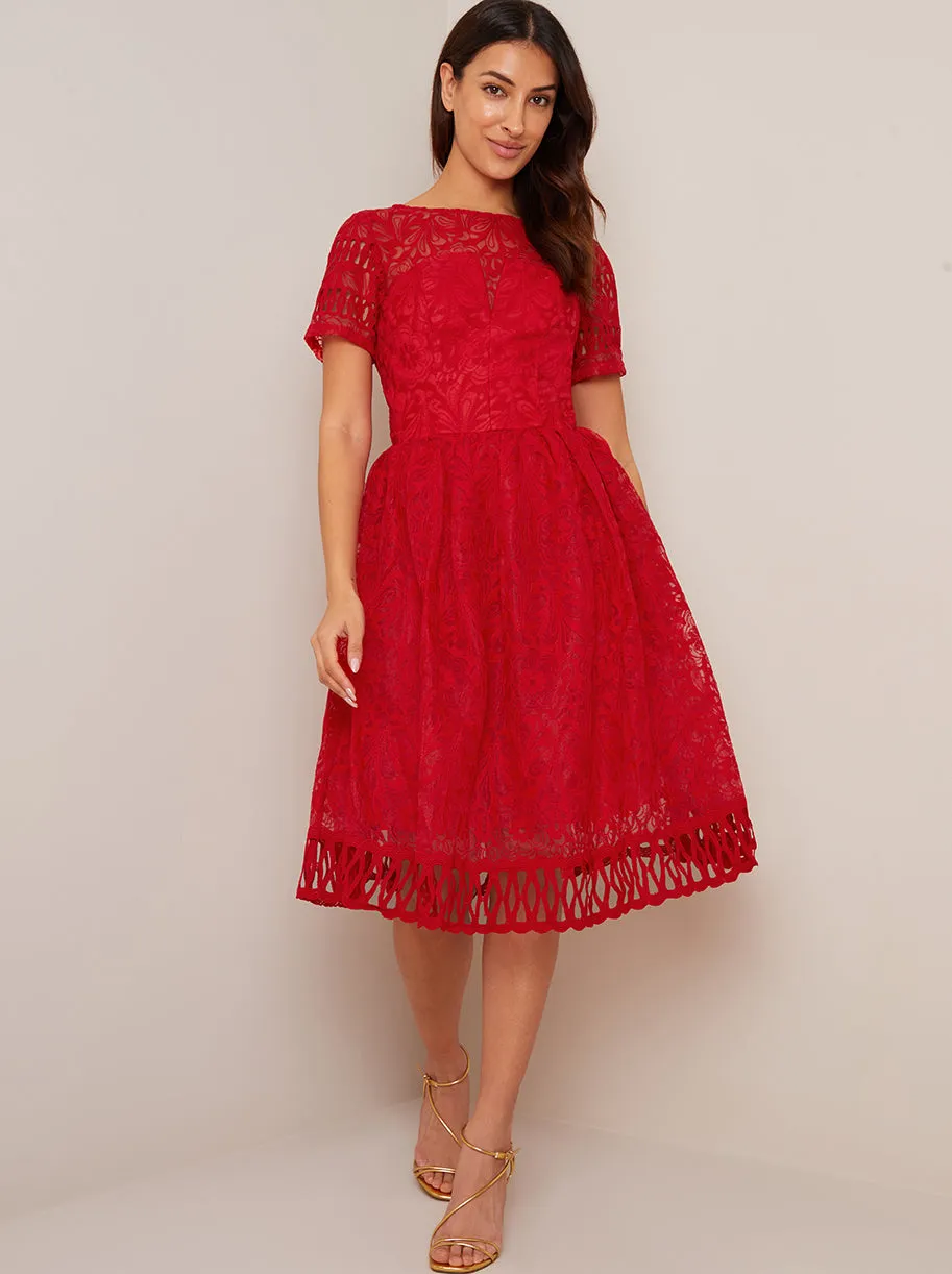 Short Sleeve Premium Lace Dress in Red sold by Chi Chi London