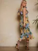 Floral Print Ruffle Pleated Midi Dress in Blue sold by Chi Chi London