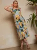 Floral Print Ruffle Pleated Midi Dress in Blue sold by Chi Chi London