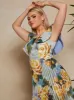 Floral Print Ruffle Pleated Midi Dress in Blue sold by Chi Chi London