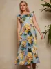 Floral Print Ruffle Pleated Midi Dress in Blue sold by Chi Chi London