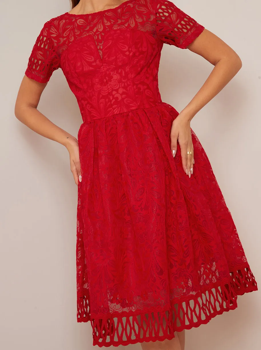 Short Sleeve Premium Lace Dress in Red sold by Chi Chi London product image thumbnail 3