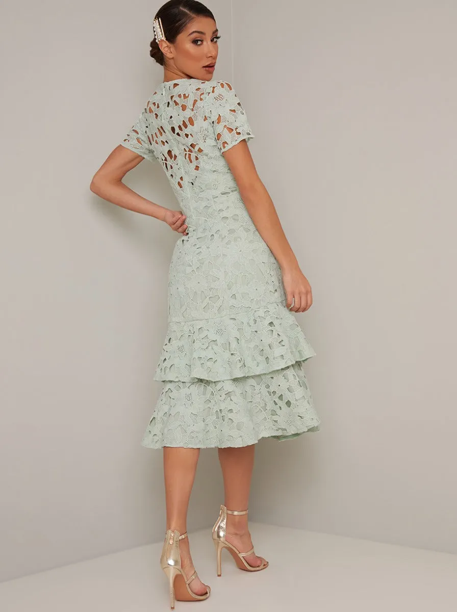 Short Sleeved Crochet Lace Tiered Midi Dress in Green sold by Chi Chi London product image thumbnail 2