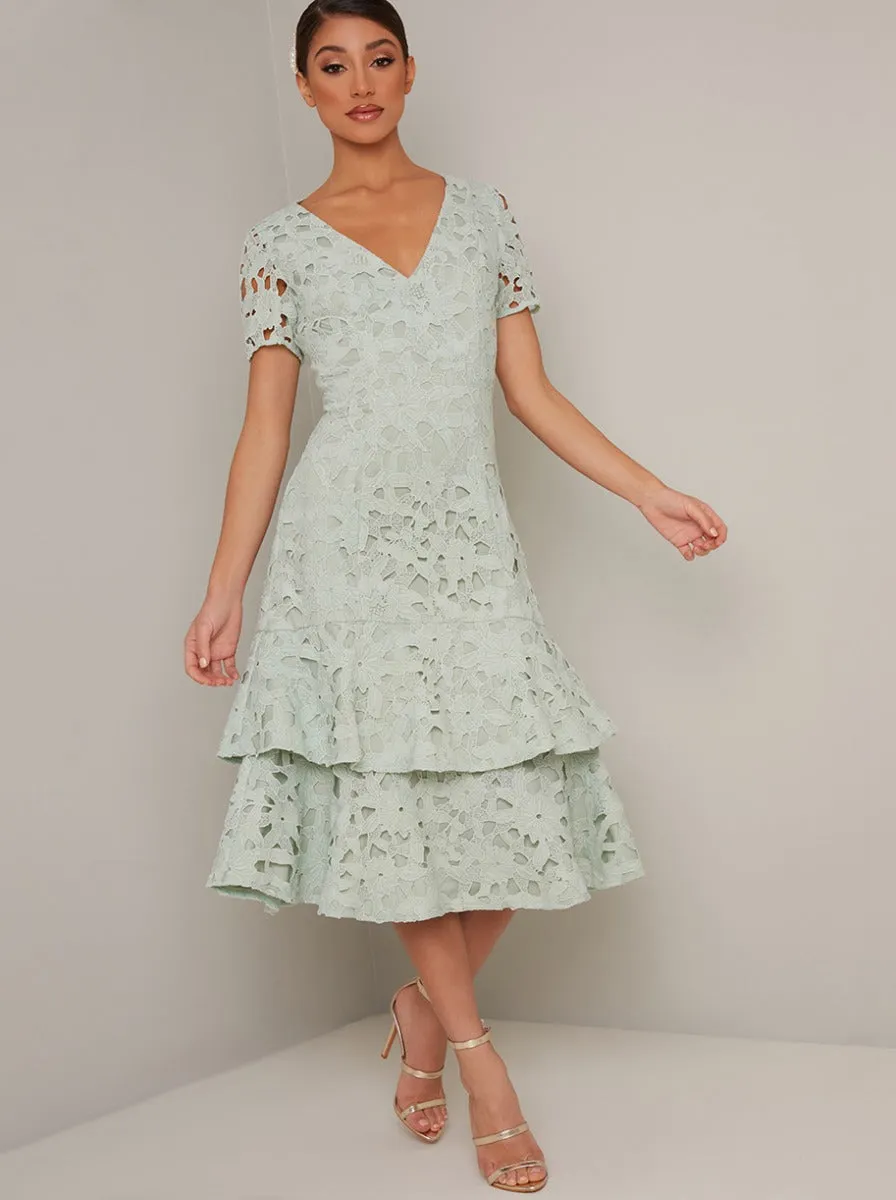 Short Sleeved Crochet Lace Tiered Midi Dress in Green sold by Chi Chi London product image thumbnail 3