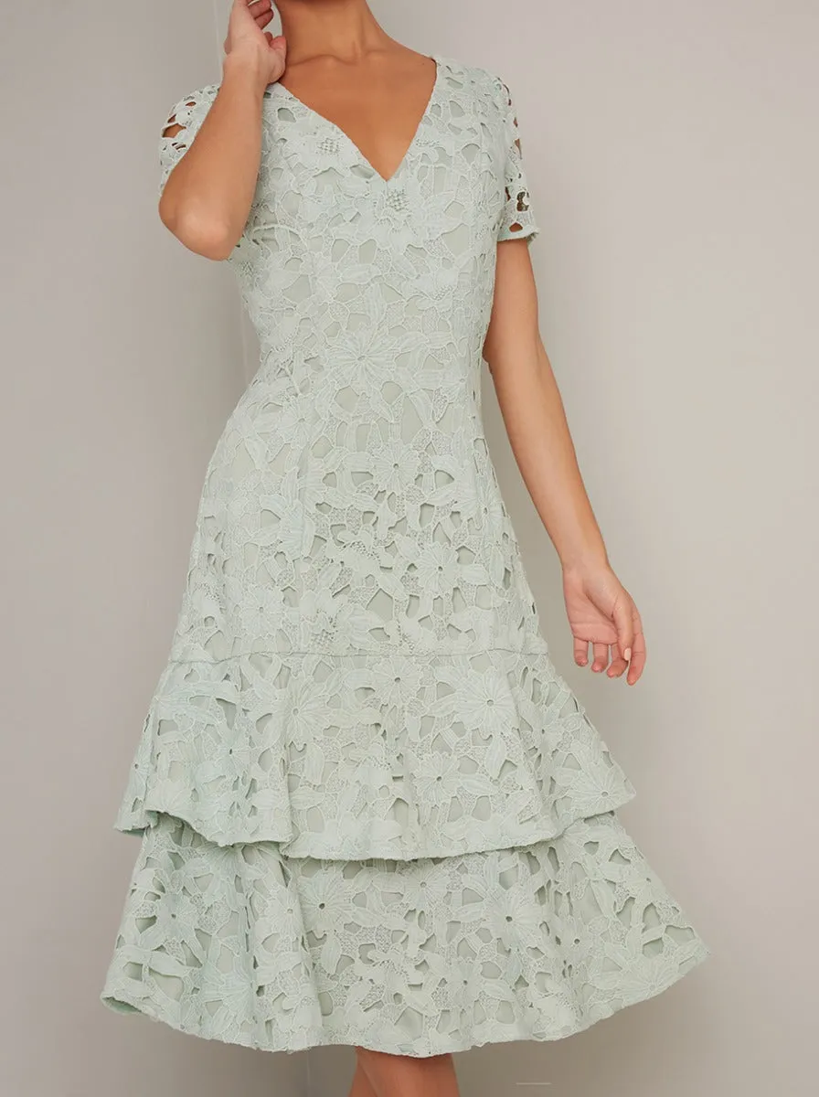 Short Sleeved Crochet Lace Tiered Midi Dress in Green sold by Chi Chi London product image thumbnail 4