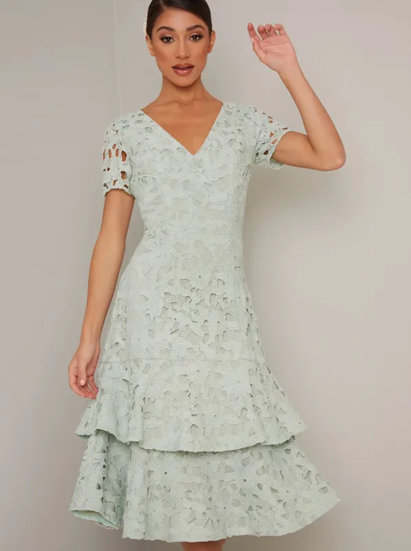 Short Sleeved Crochet Lace Tiered Midi Dress in Green sold by Chi Chi London