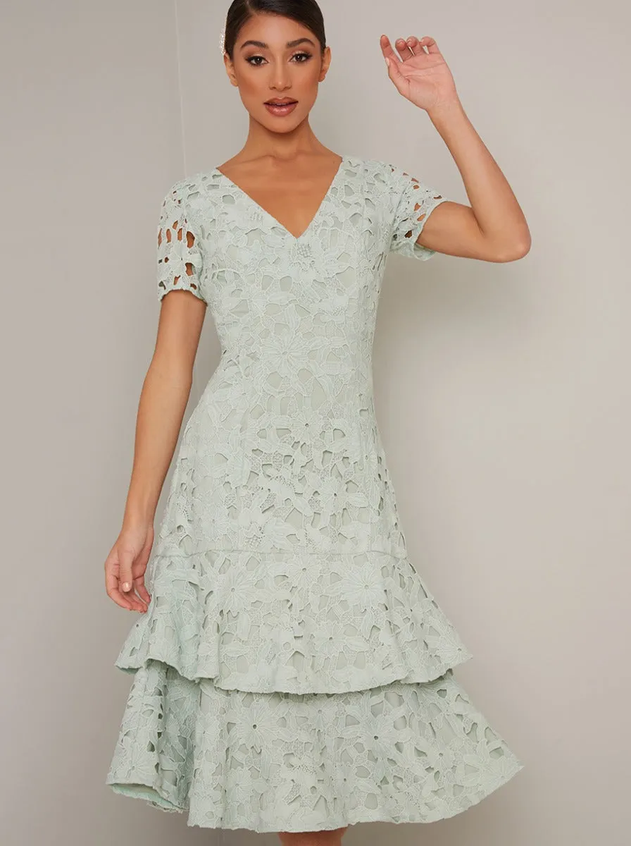 Short Sleeved Crochet Lace Tiered Midi Dress in Green sold by Chi Chi London