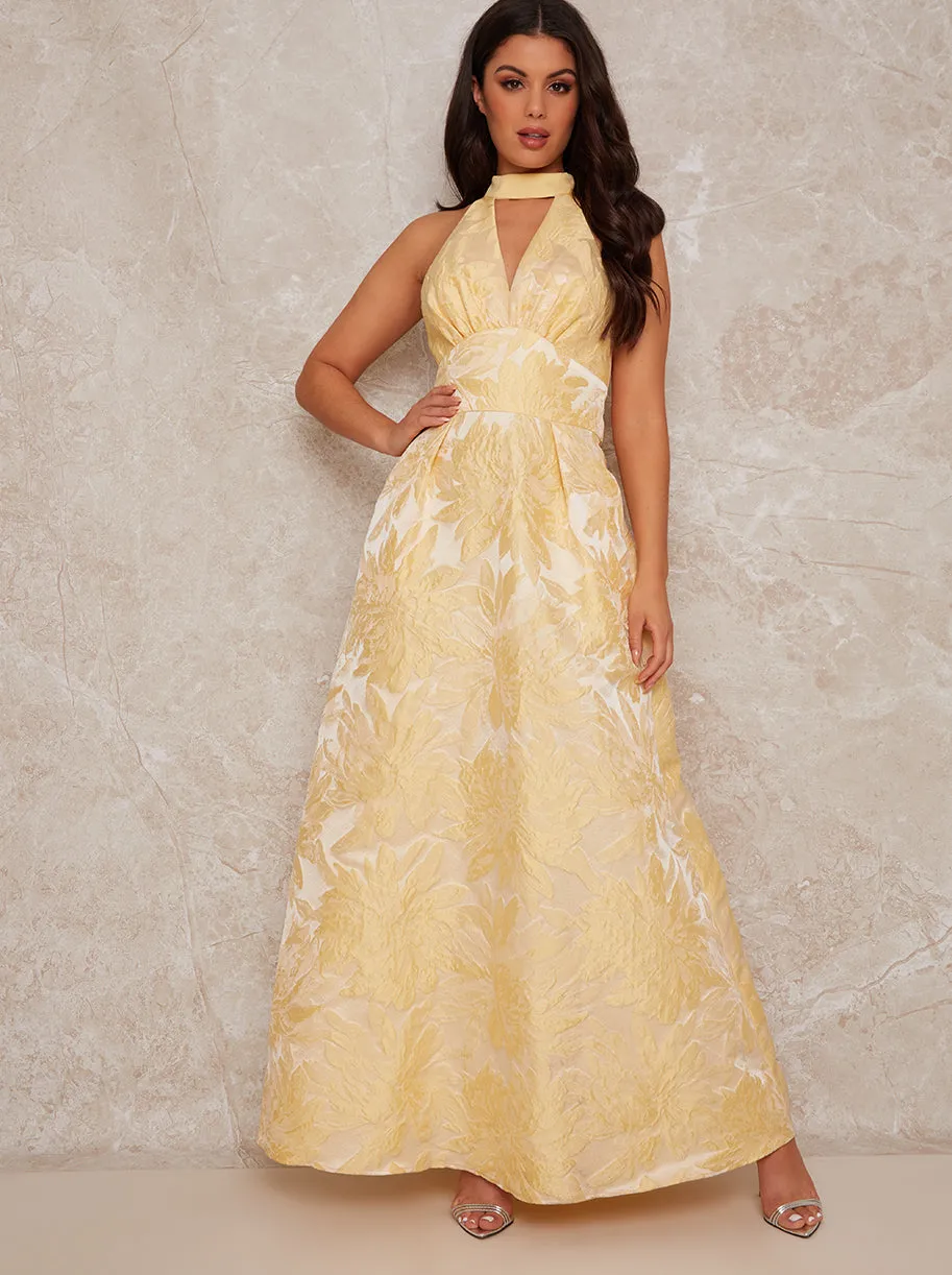 Floral Jacquard Maxi Dress in Yellow sold by Chi Chi London