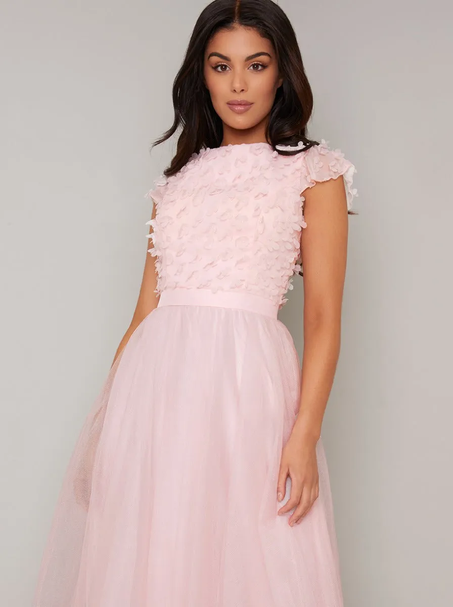 Floral 3D Bodice Tulle Midi Dress in Pink sold by Chi Chi London product image thumbnail 3