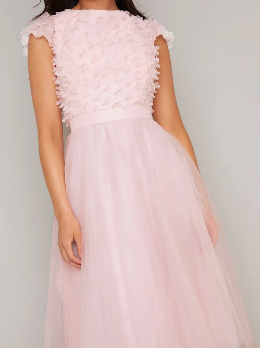 Floral 3D Bodice Tulle Midi Dress in Pink sold by Chi Chi London product image thumbnail 4