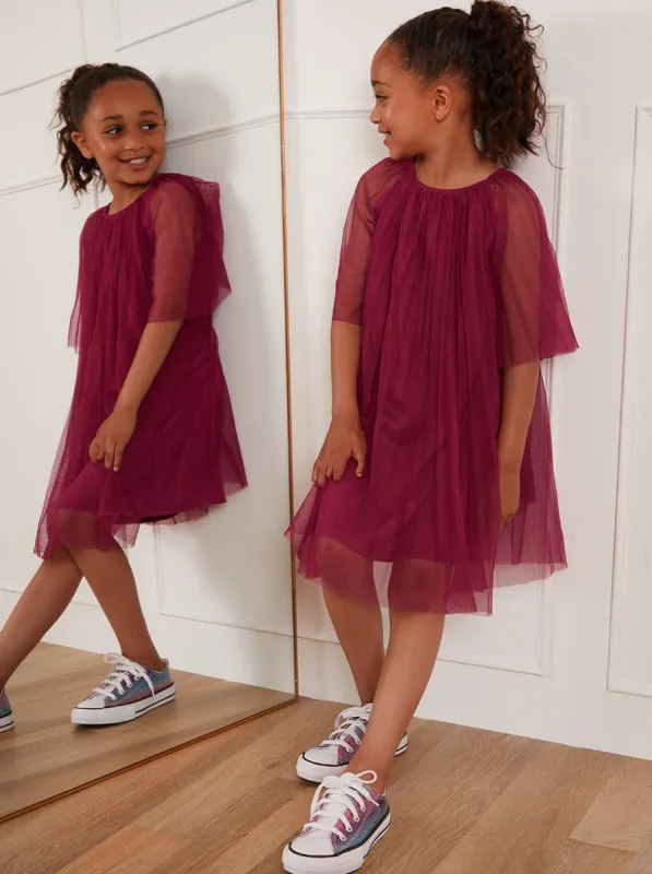 Younger Girls Pleated Bell Sleeve Midi Dress in Purple sold by Chi Chi London