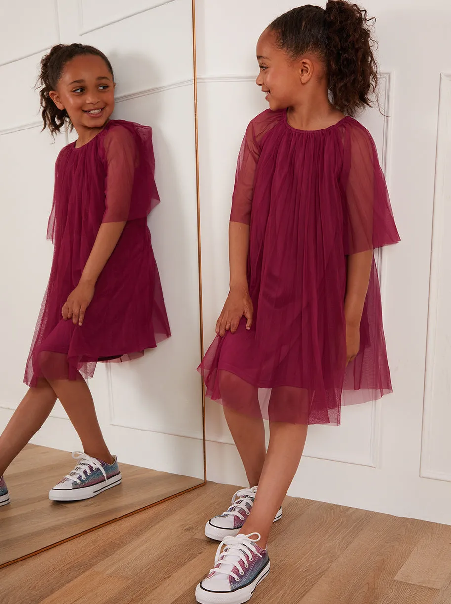 Younger Girls Pleated Bell Sleeve Midi Dress in Purple sold by Chi Chi London