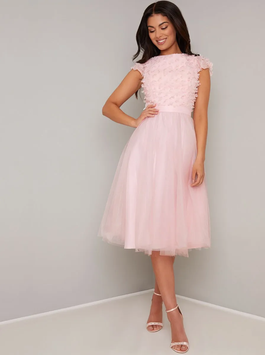Floral 3D Bodice Tulle Midi Dress in Pink sold by Chi Chi London