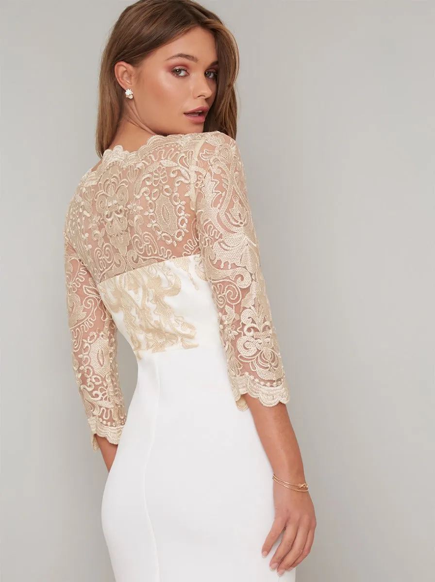 Embroidered Lace Bodycon Peplum Midi Dress in Cream sold by Chi Chi London product image thumbnail 4