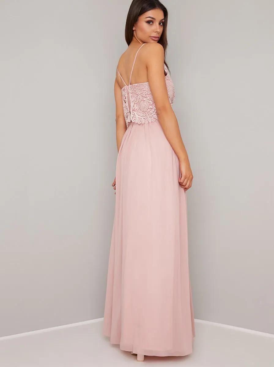Lace Bodice Overlay Chiffon Maxi Dress In Pink sold by Chi Chi London product image thumbnail 4