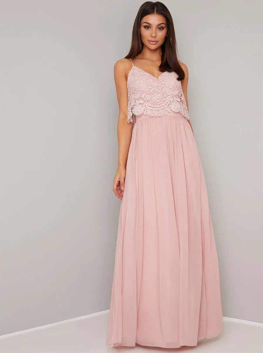 Lace Bodice Overlay Chiffon Maxi Dress In Pink sold by Chi Chi London
