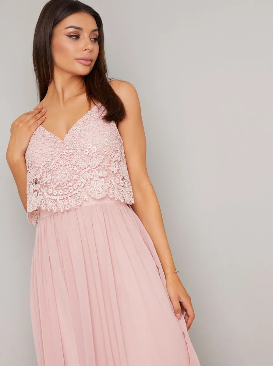 Lace Bodice Overlay Chiffon Maxi Dress In Pink sold by Chi Chi London product image thumbnail 2