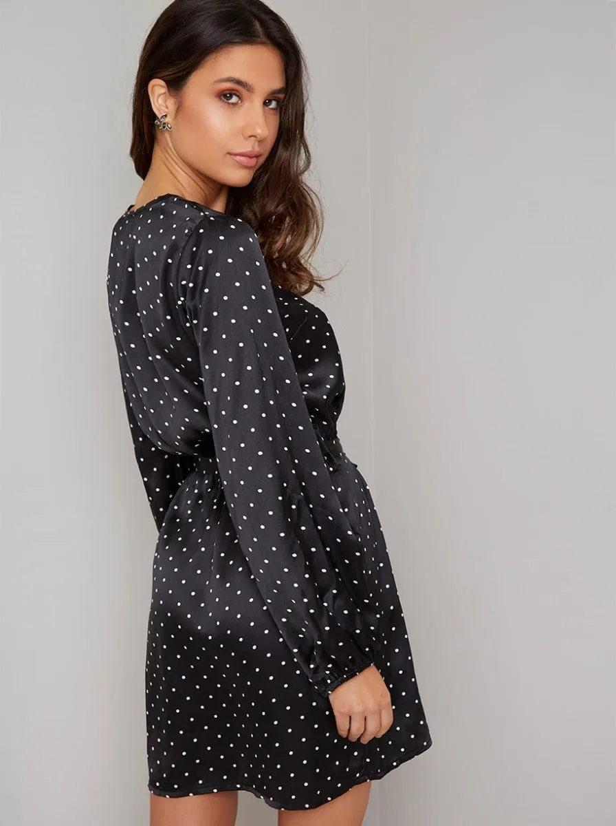 Polka Dot Wrap Silky Mini Dress in Black sold by Chi Chi London product image thumbnail 4