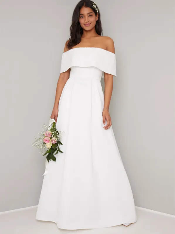 Embellished Bridal Dress with Fold Over Bardot in White made by Chi Chi London