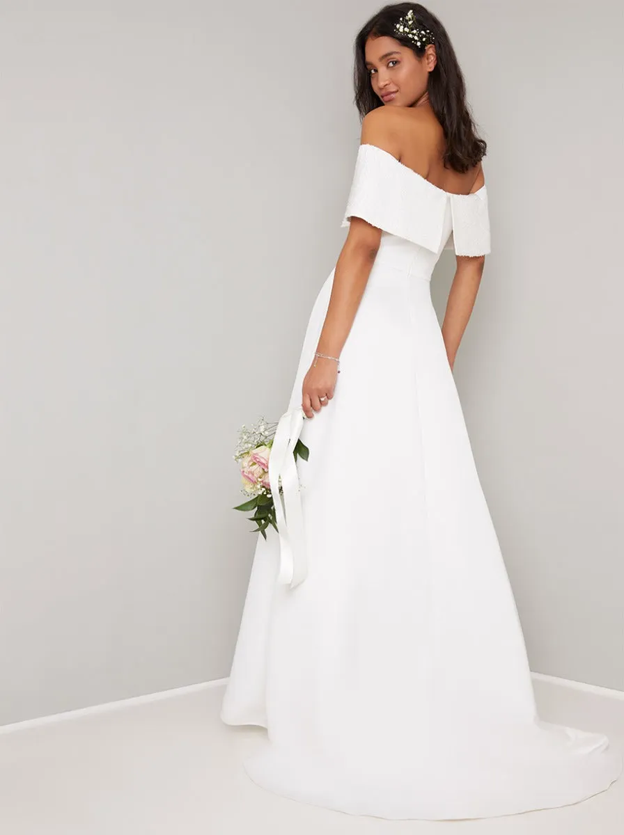 Embellished Bridal Dress with Fold Over Bardot in White sold by Chi Chi London product image thumbnail 2