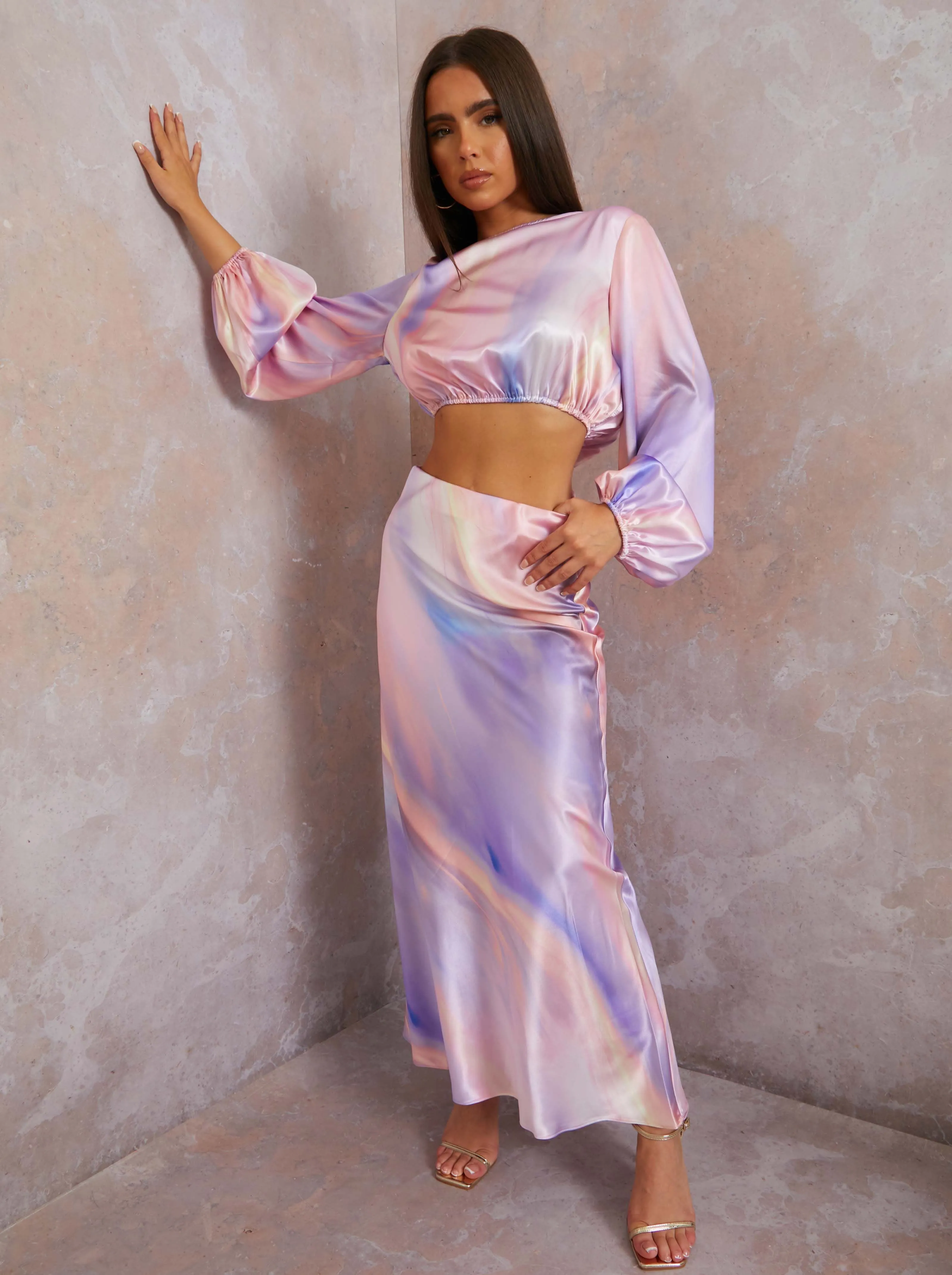 Balloon Sleeve Satin Ombre Crop Top in Multi sold by Chi Chi London