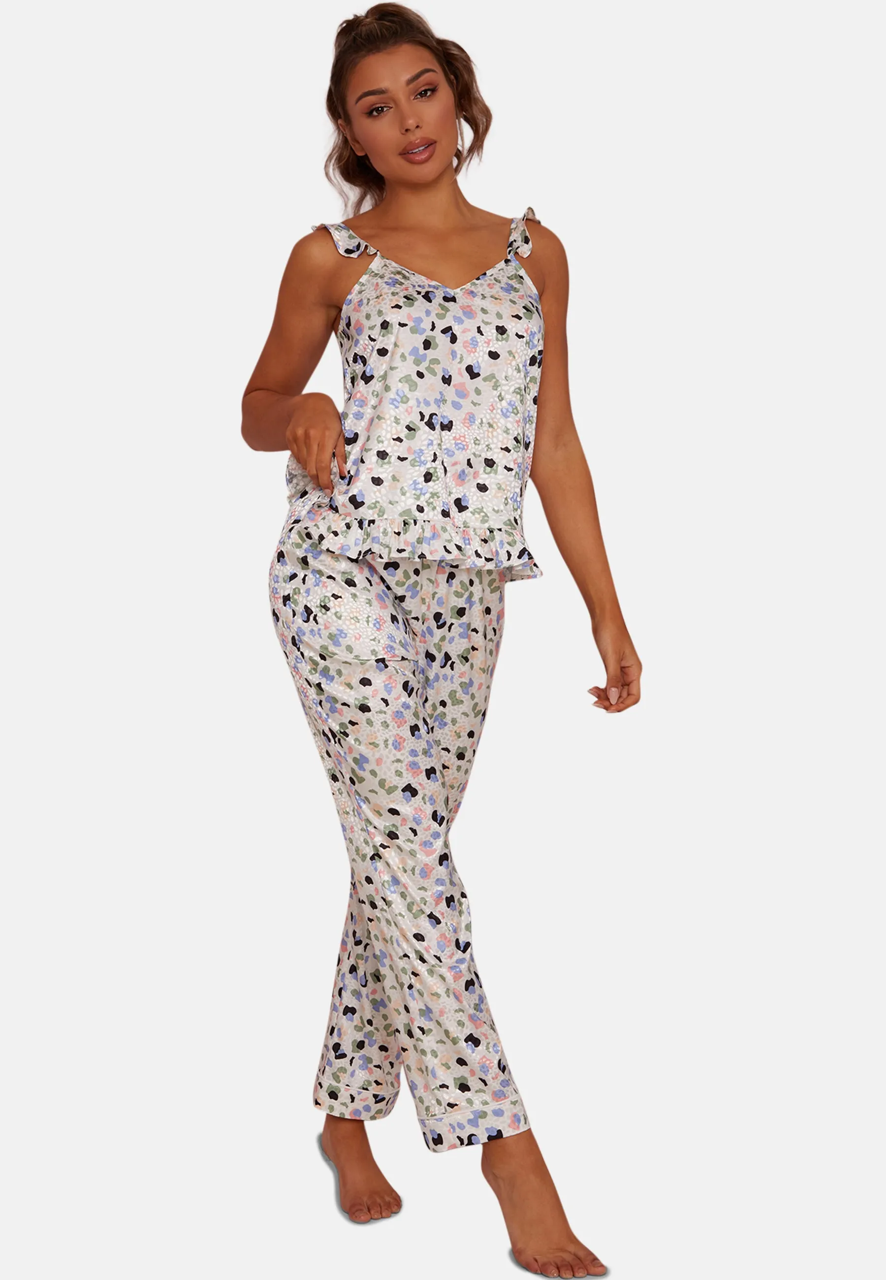 Ruffle Trim Graphic Print Pyjama Set in White sold by Chi Chi London product image thumbnail 5